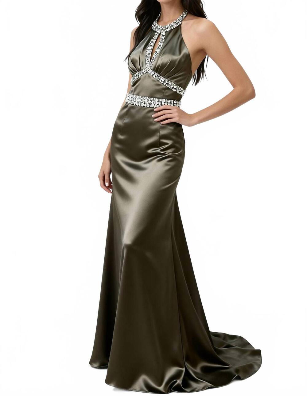 NEW STEPHEN YEARICK rhinestone embellishments evening gown in olive
